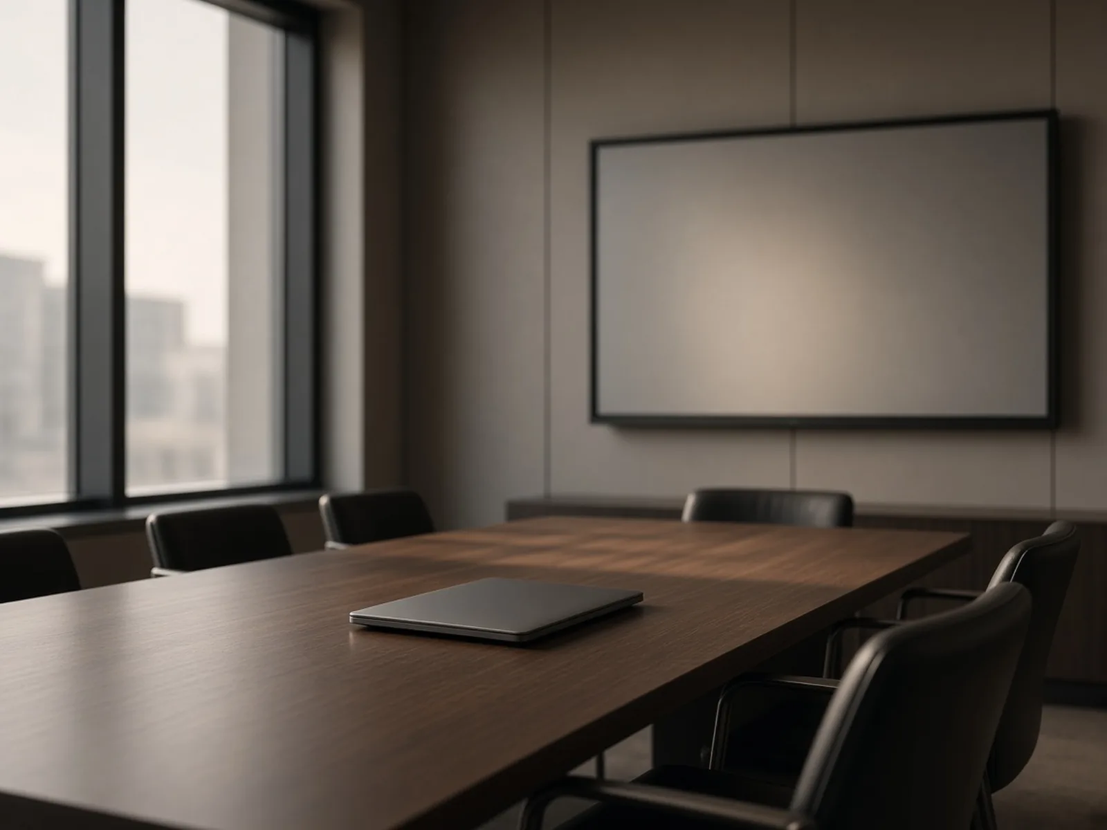 Empty executive conference room with a single darkened wall display
